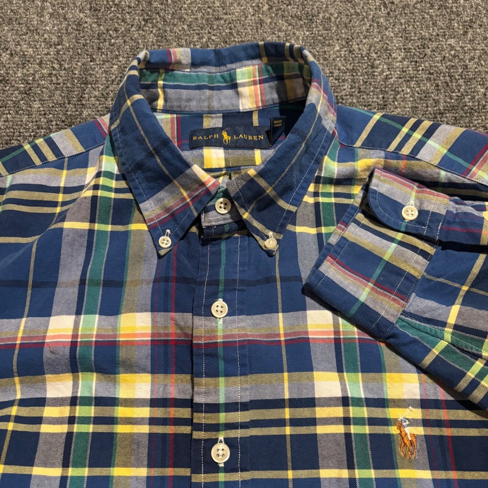 Ralph Lauren Mens XL Plaid Button Down Shirt Blue Yellow Cotton Long Sleeve Pony
